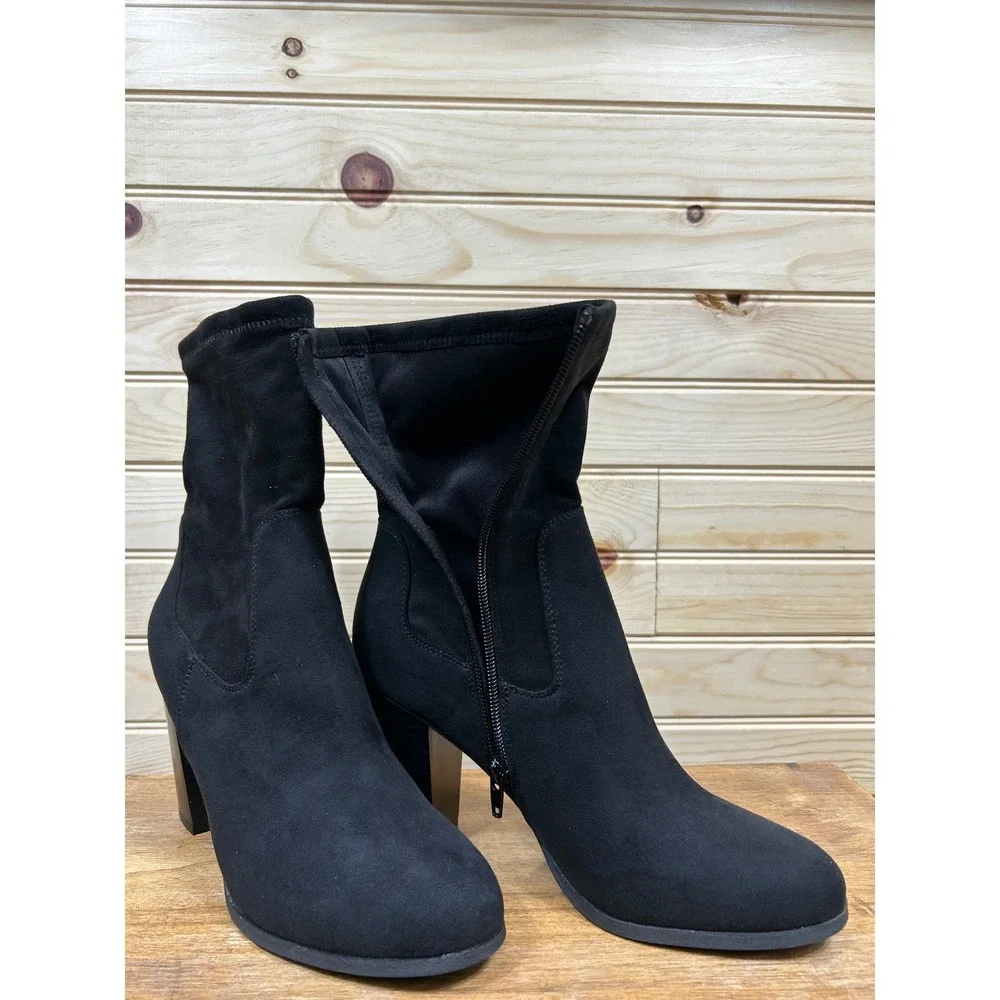 Style & Co Anitaaf Black Beauty Faux Suede Block Heel Sock Boots Ankle Booties